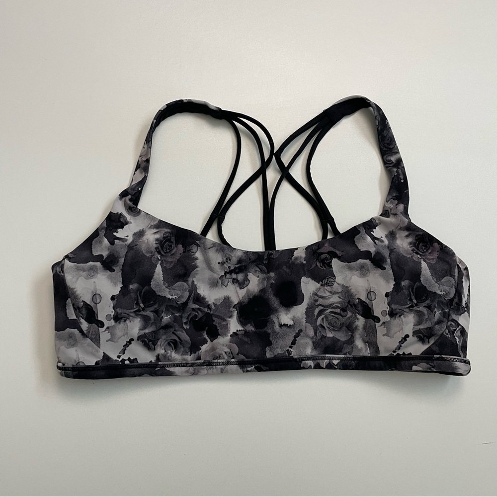 Lululemon Sports Bra Free To Be Zen Strappy Athletic Abstract Floral Black Grey